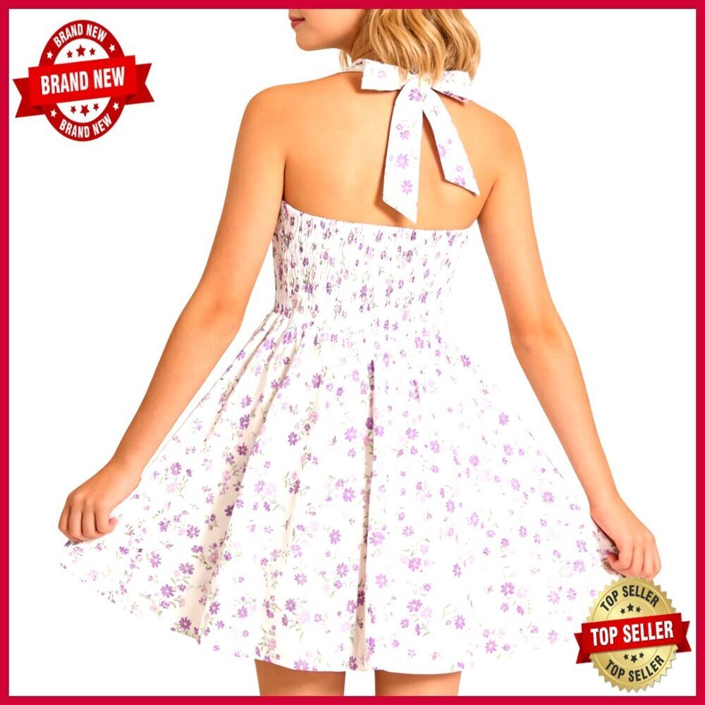Floral Summer Dress Halter Neck Tie Backless Flowy A-Line Sundress Girls